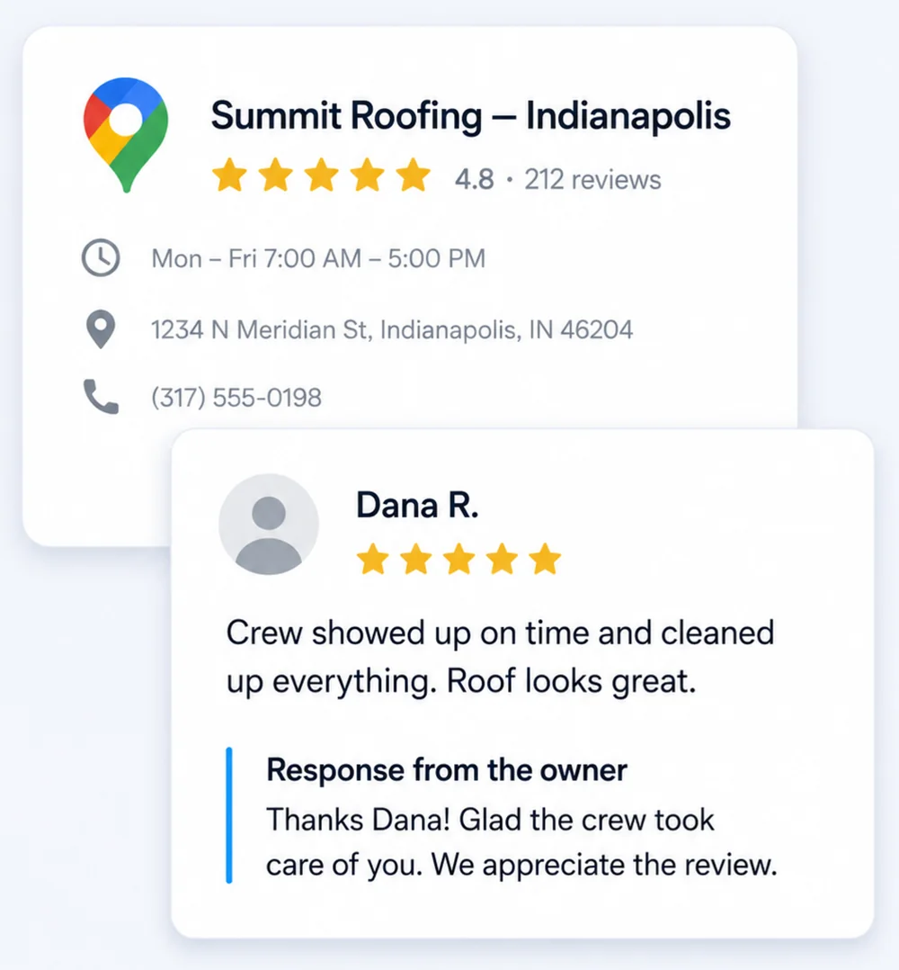 Google Business Profile listing with a five-star review and an owner response